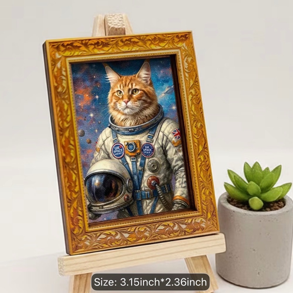 Astronaut Cat Magnet 3.15x2.4 Gold Frame Space Ginger Tabby Fridge Art